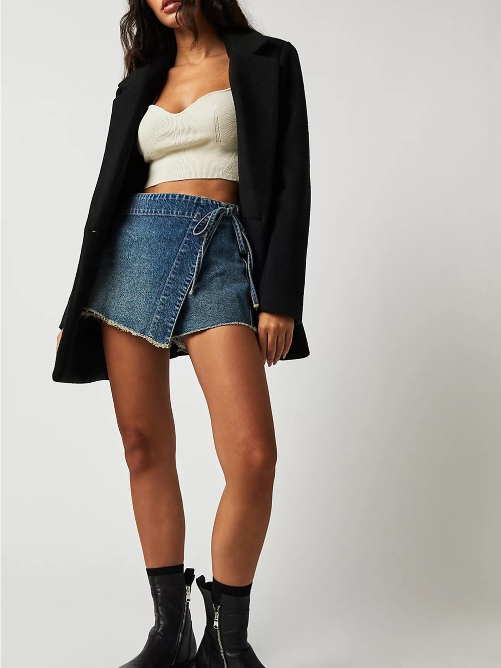 Free People Emmy Denim Wrap Mini Skort with Side Tie